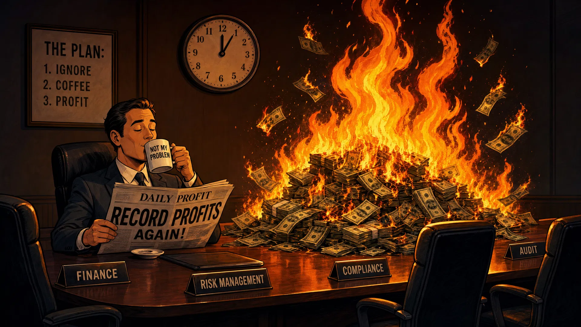 Executive calmly reading newspaper while pile of cash burns at conference table