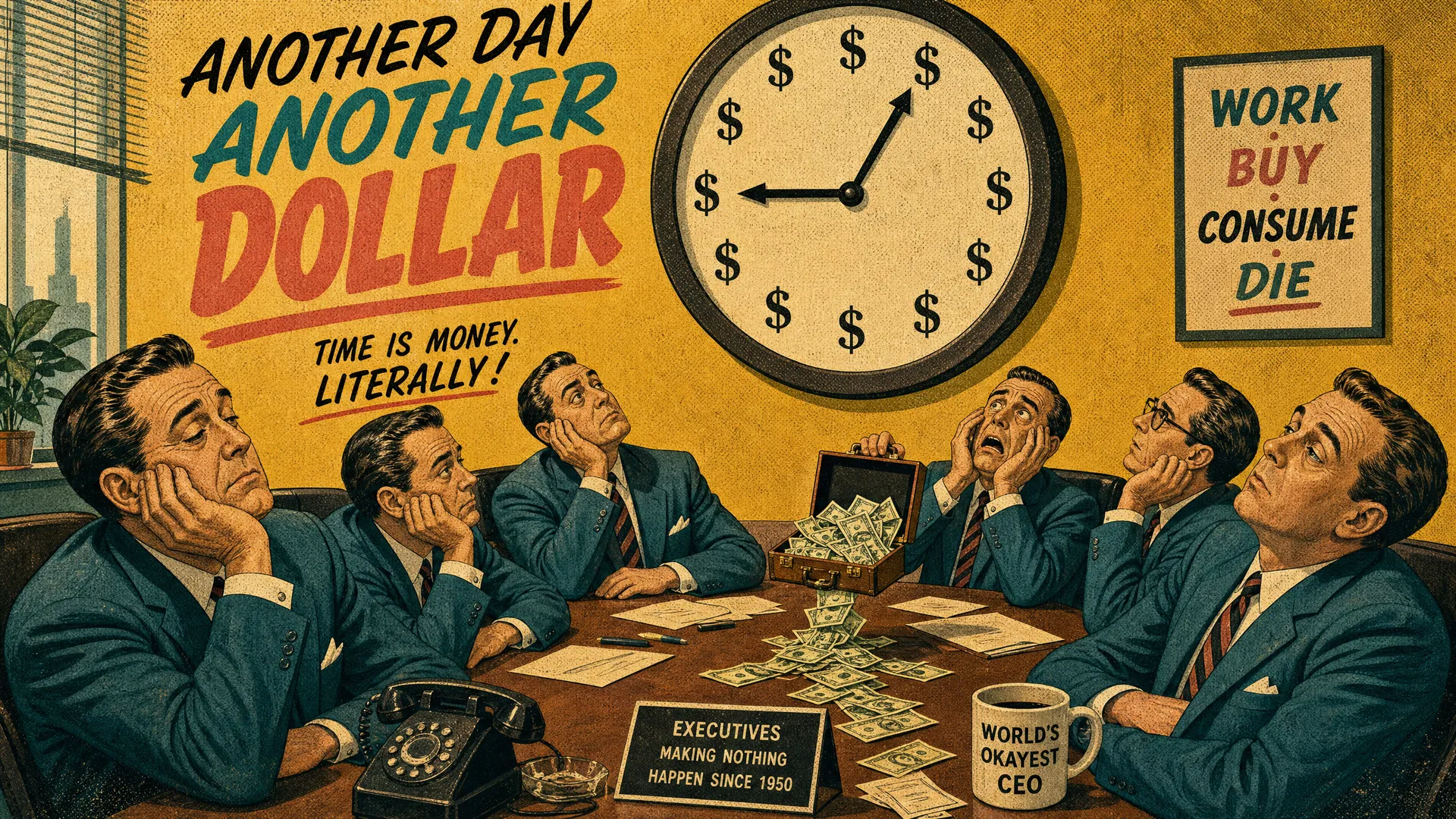 1950s executives staring at a dollar-sign clock looking bored